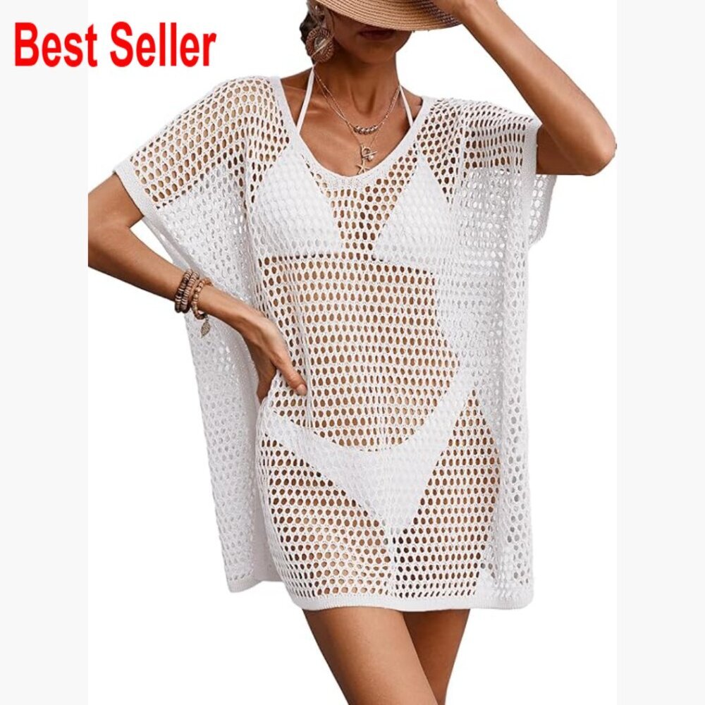 Oversized Mesh Knit Crochet Swimsuit Cover Up Mini Dress